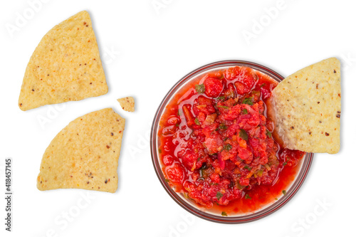 Fresh salsa dip and Corn chips, nachos on white isolated background. Home made recipe: tomatoes, onions, cilantro, hot jalapeno peppers or chilli pepper and salt. Traditional Mexican food appetizer.