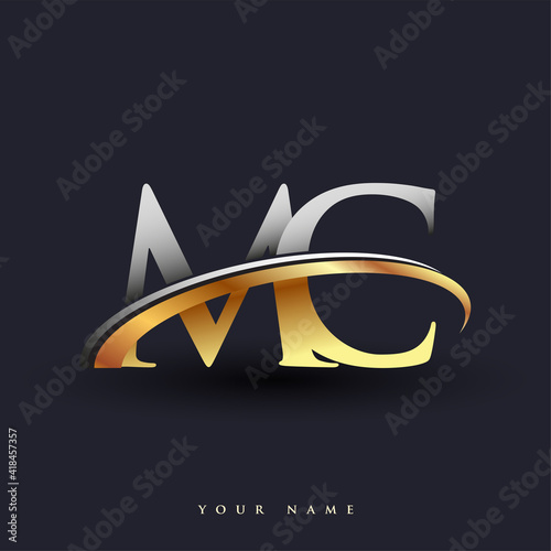 MC initial logo company name colored gold and silver swoosh design, isolated on white background. vector logo for business and company identity.