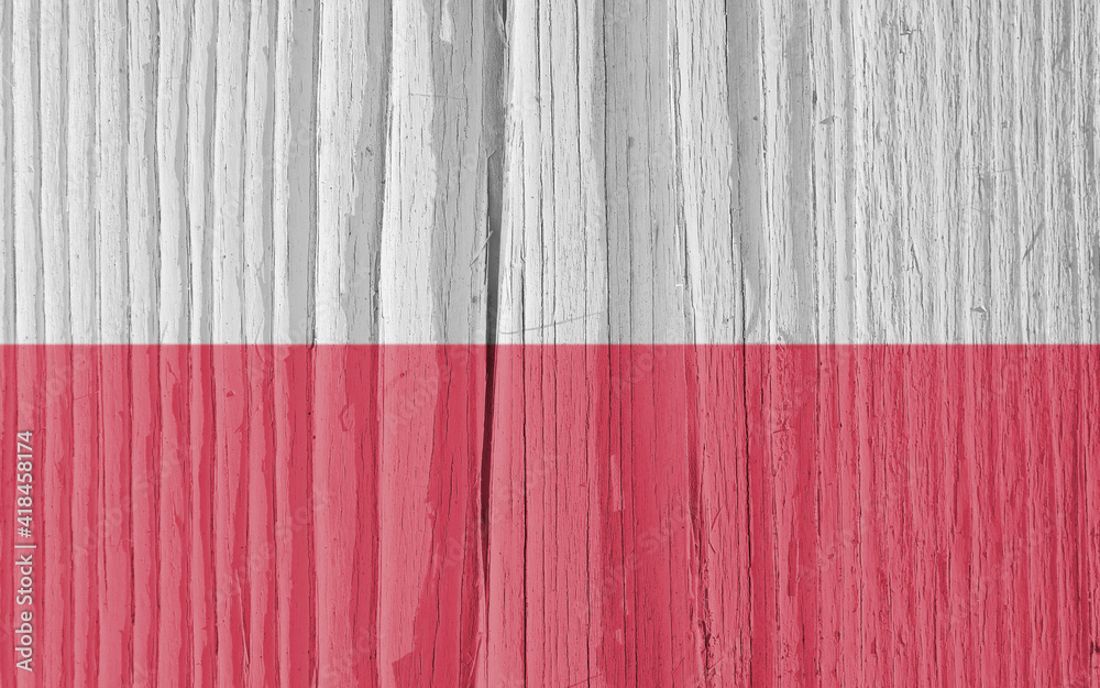 The flag of Poland on dry wooden surface, cracked with age. Light pale faded paint. Background, wallpaper or backdrop with Polish national symbol. Old wood. Hard sunlight with shadows The flag of Poland on dry wooden surface, cracked with age. Light pale faded paint. Background, wallpaper or backdrop with Polish national symbol. Old wood. Hard sunlight with shadows
