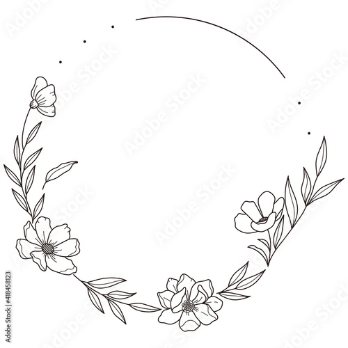 Floral Wreath branch in hand drawn style. Floral round black and white frame of twigs  leaves and flowers. Frames for the Valentine s day  wedding decor  logo and identity template.