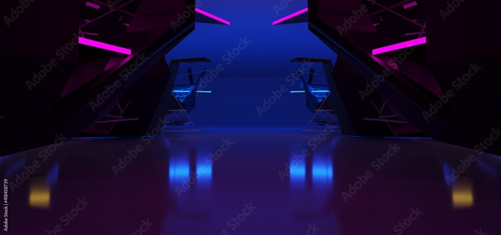 Abstract architectural minimalistic background. Laser show in the ultraviolet spectrum. Modern impulse tunnel. Futuristic space sci-fi frame neon backlight. 3D illustration and rendering.