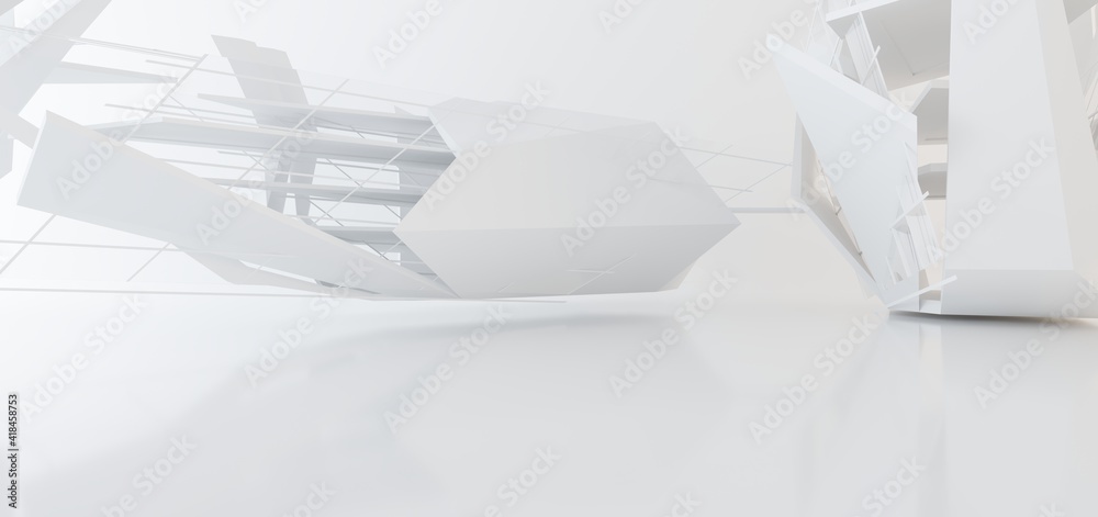 Luxury white abstract architectural minimalistic background. Contemporary showroom. Modern exhibition stand. Empty gallery. Backlight. Polygonal Graphic Design. 3D illustration and rendering.