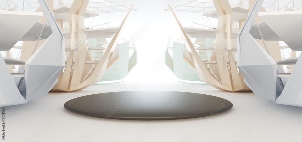 Luxury parametric abstract architectural minimalistic background. Contemporary showroom. Modern colored glass exhibition tunnel. Empty gallery. Backlight. 3D illustration and rendering.