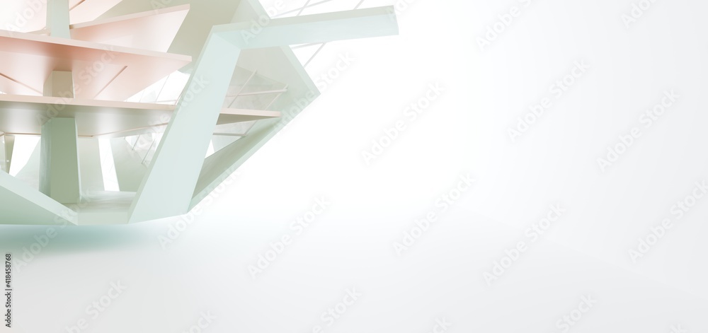 Luxury parametric abstract architectural minimalistic background. Contemporary showroom. Modern colored glass exhibition tunnel. Empty gallery. Backlight. 3D illustration and rendering.