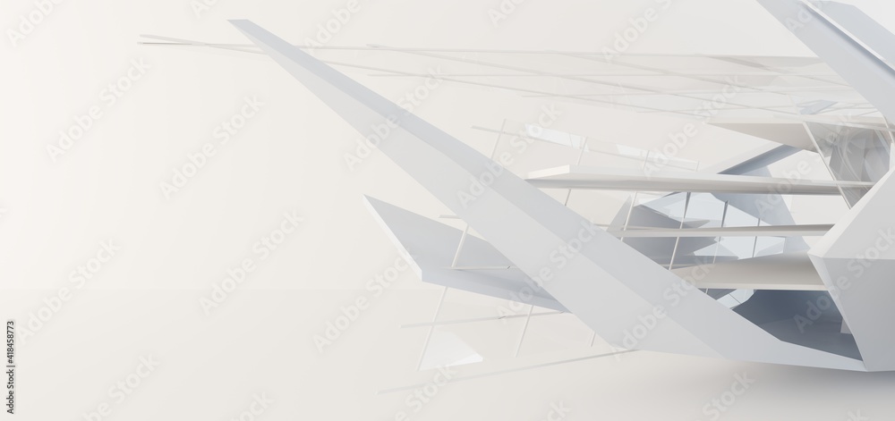 Luxury white abstract architectural minimalistic background. Contemporary showroom. Modern exhibition stand. Empty gallery. Backlight. Polygonal Graphic Design. 3D illustration and rendering.