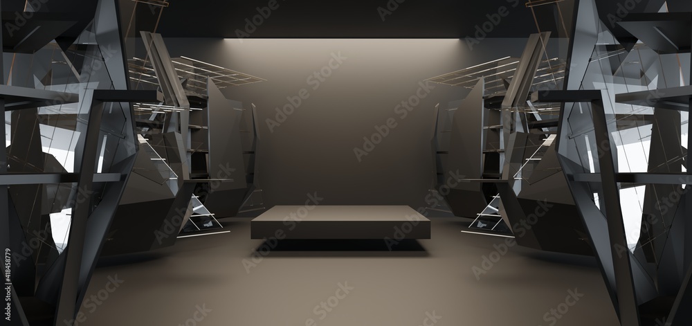 Luxury parametric abstract architectural minimalistic background. Contemporary showroom. Modern black exhibition tunnel. Empty gallery. Stand, table. Interior backlight. 3D illustration and rendering.