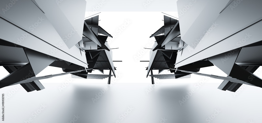 Luxury parametric abstract architectural minimalistic background. Contemporary showroom. Modern black exhibition tunnel. Empty gallery. Stand, table. Interior backlight. 3D illustration and rendering.