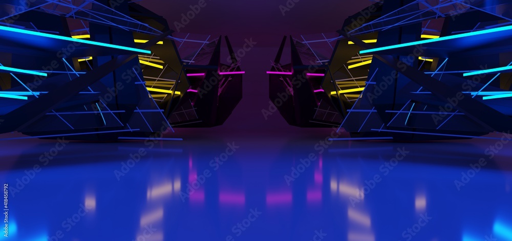 Abstract architectural minimalistic background. Laser show in the ultraviolet spectrum. Modern impulse tunnel. Futuristic space sci-fi frame neon backlight. 3D illustration and rendering.