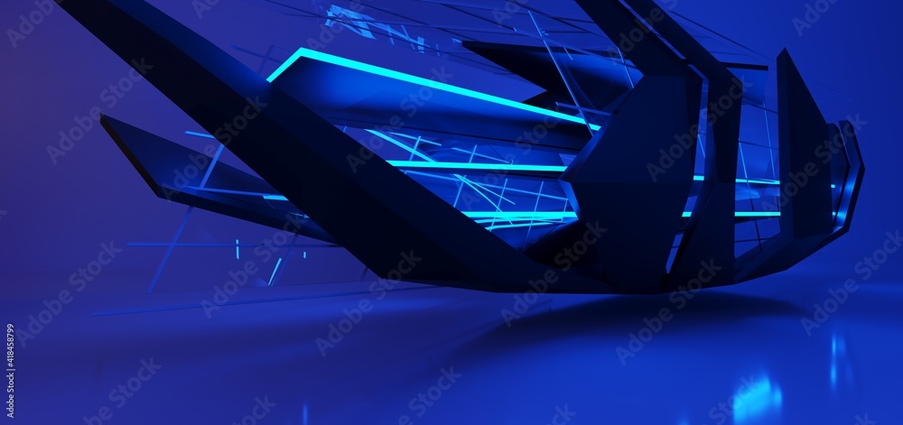 Abstract architectural minimalistic background. Laser show in the ultraviolet spectrum. Modern impulse tunnel. Futuristic space sci-fi frame neon backlight. 3D illustration and rendering.