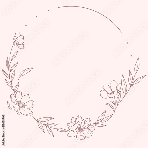 Floral Wreath branch in hand drawn style. Floral round brown and red frame of twigs, leaves and flowers. Frames for the Valentine's day, wedding decor, logo and identity template.
