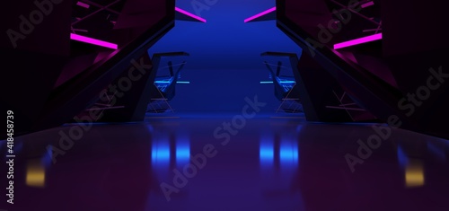 Obraz na płótnie Abstract architectural minimalistic background. Laser show in the ultraviolet spectrum. Modern impulse tunnel. Futuristic space sci-fi frame neon backlight. 3D illustration and rendering. w salonie