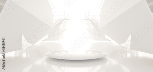 Luxury white abstract architectural minimalistic background. Contemporary showroom. Modern  exhibition stand. Empty gallery. Backlight. Polygonal Graphic Design. 3D illustration and rendering.
