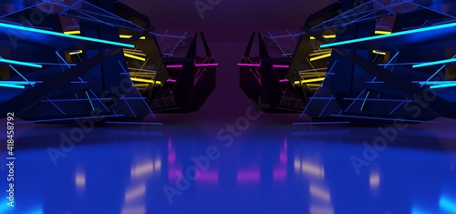Obraz na płótnie Abstract architectural minimalistic background. Laser show in the ultraviolet spectrum. Modern impulse tunnel. Futuristic space sci-fi frame neon backlight. 3D illustration and rendering. w salonie