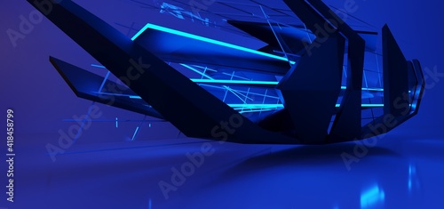Obraz na płótnie Abstract architectural minimalistic background. Laser show in the ultraviolet spectrum. Modern impulse tunnel. Futuristic space sci-fi frame neon backlight. 3D illustration and rendering. w salonie