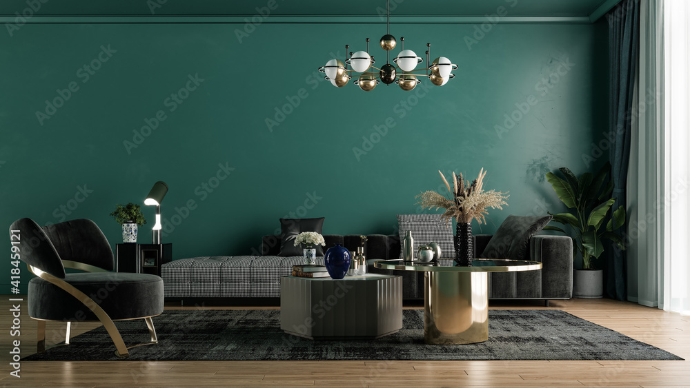 Modern interior design for home, office, interior details, upholstered  furniture on the background of a dark green classic wall. Stock  Illustration | Adobe Stock