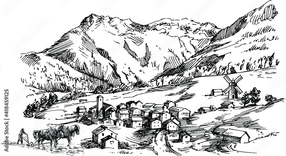 Plakat Hand drawn vector sketch of landscape with village in mountains valley, Farm, farmer, bullock animal, indian bael gadi, bail gadu, factory, wind power