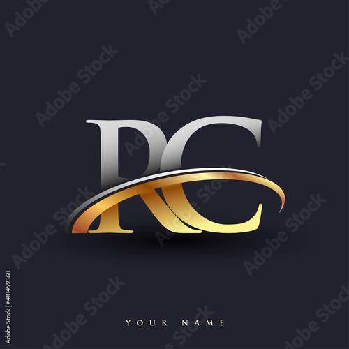 RC initial logo company name colored gold and silver swoosh design, isolated on white background. vector logo for business and company identity.