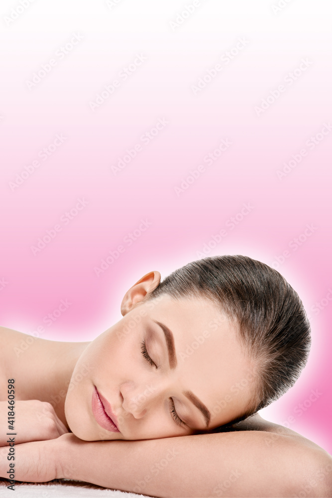 relaxed young woman with closed eyes after spa procedures on a pink background with a shaded white outline relaxed young woman with closed eyes after spa procedures on a pink background with a shaded white outline