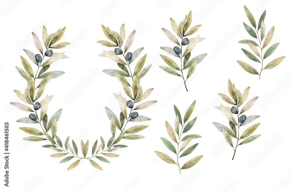 Frame with olive branch. Hand drawn watercolor circle frame illustration with olive tree. Greeting, invite card Frame with olive branch. Hand drawn watercolor circle frame illustration with olive tree. Greeting, invite card