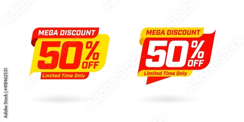 Marketing deal sale tag giving super offer on half price. Yellow red mega discount 50 percent off limited time only label badge two set vector illustration isolated on white background photo