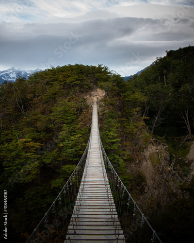 A beautiful suspension bridge near of Grey glacier, in a forest