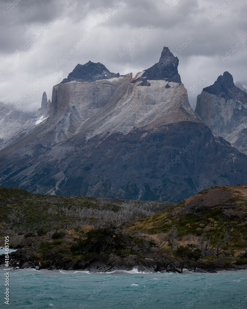 A view of Cuernos del Paine mountains from the lake
