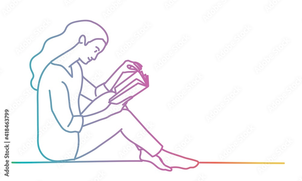 Young woman sitting on the floor and reading a book. Colored line. Vector illustration. Young woman sitting on the floor and reading a book. Colored line. Vector illustration.