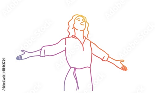 Happy girl stretching arms and relaxing. Colored line. Vector illustration.