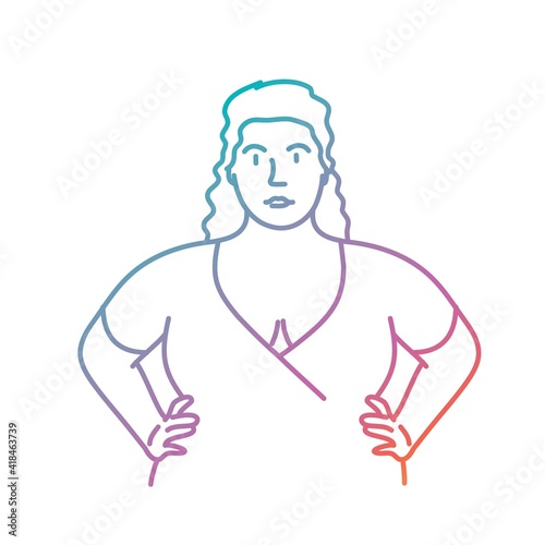 Vector illustration of confident plump woman holds her hands on her hips. Colored line.
