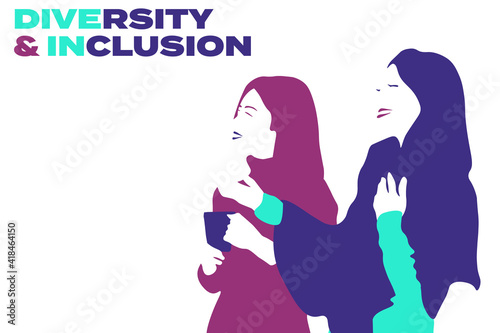 Diversity and inclusion concept illustration with two happy woman looking in the same direction.