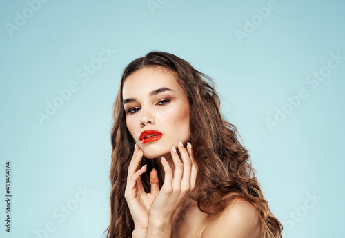 Beautiful brunette red lips bared shoulders sexy woman model