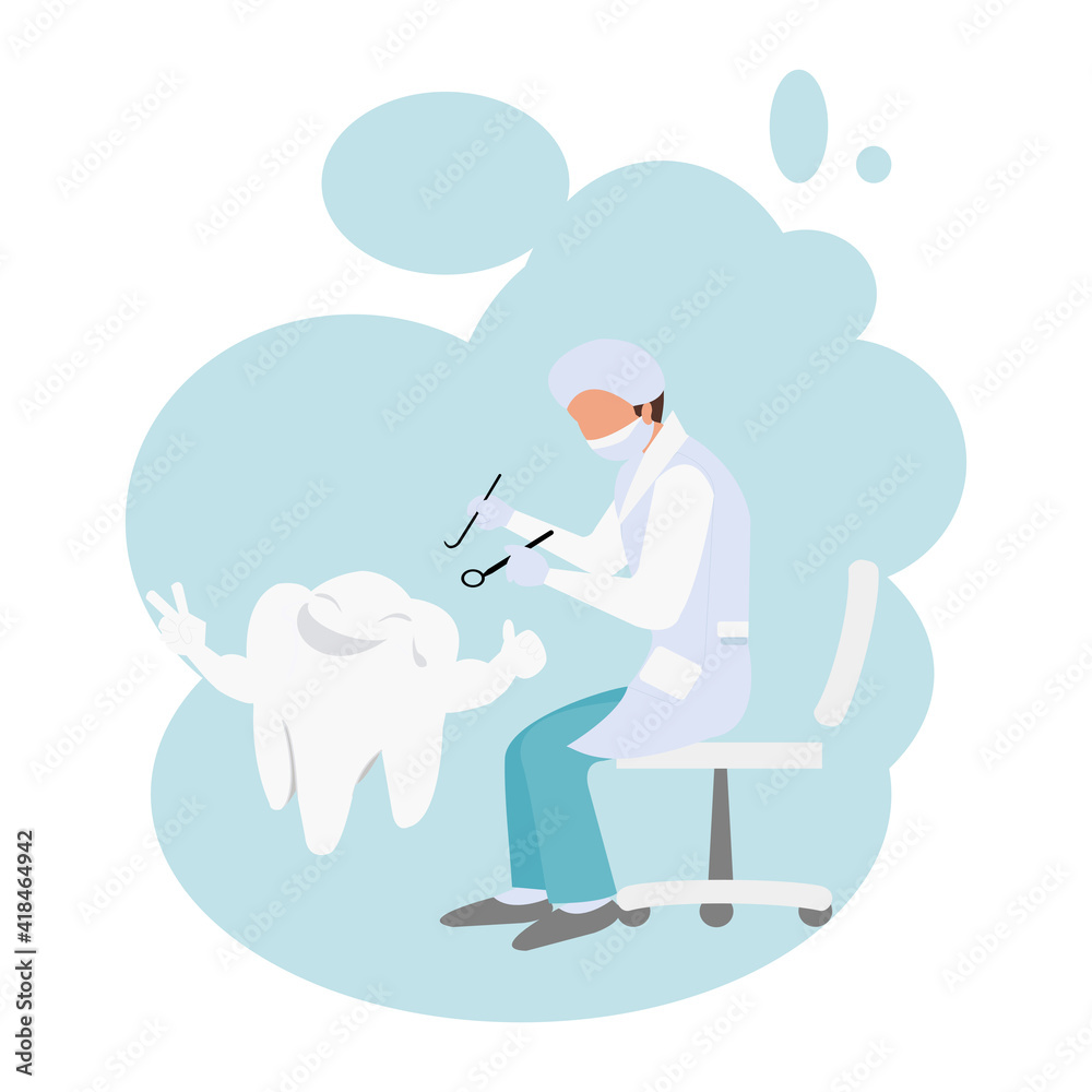 Cartoon Dentist sitting on chair is working on strong teeth. Health, dental clinic appointment. Dental office. Tooth doctor examines the patient on white background.Vector illustration flat design Cartoon Dentist sitting on chair is working on strong teeth. Health, dental clinic appointment. Dental office. Tooth doctor examines the patient on white background.Vector illustration flat design