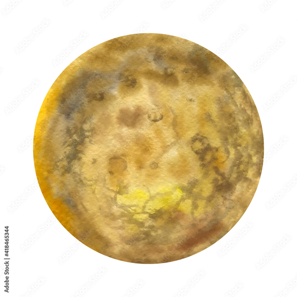 Watercolor planet isolated on white background. Drawn abstract planet. Bright drawing of the planet in yellow and brown Watercolor planet isolated on white background. Drawn abstract planet. Bright drawing of the planet in yellow and brown