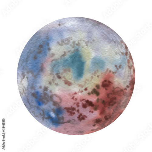 Watercolor planet isolated on white background. Drawn abstract planet. Bright drawing of a planet in red and blue