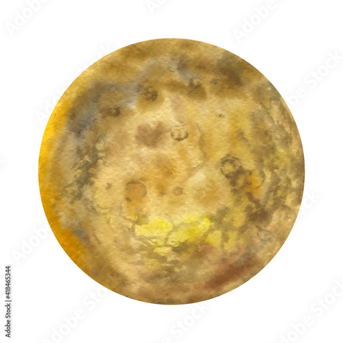 Watercolor planet isolated on white background. Drawn abstract planet. Bright drawing of the planet in yellow and brown