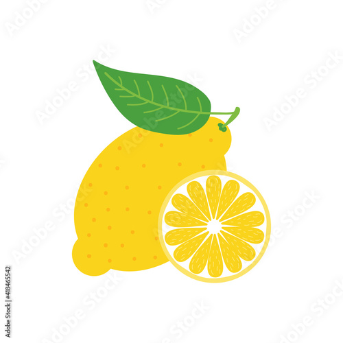 Vector cartoon style whole lemon with green leaf and round lemon slice isolated on white background.