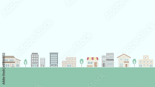 街並みのループアニメーション　背景　動画　イラスト　町並み　風景　都市　住宅
