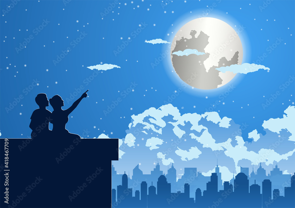 Silhouette design of couple are on the top of building to look to the stars