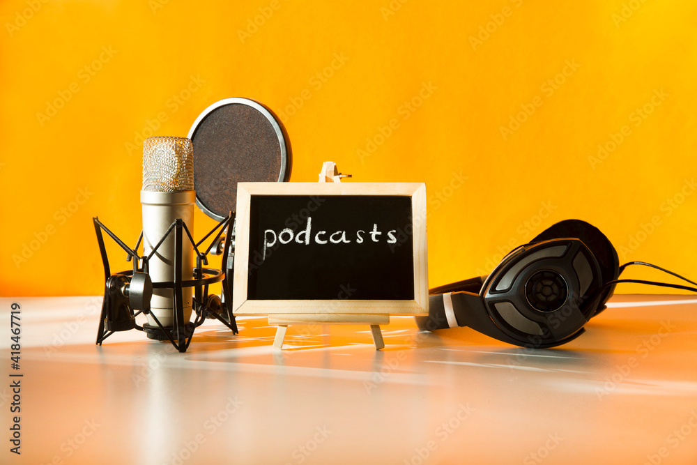 Professional microphone with waveform and headphones on yellow background  banner. Podcast or recording studio background Stock Photo | Adobe Stock