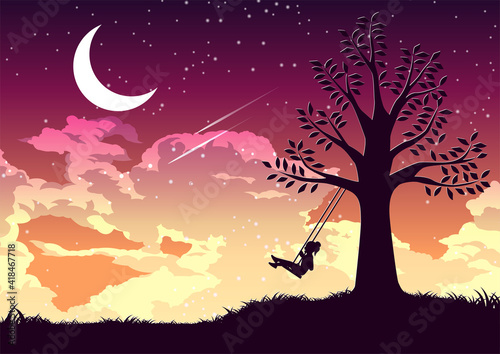 Silhouette design of a girl swinging alone under the tree