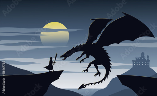 Silhouette of fiction with knight nad dragon