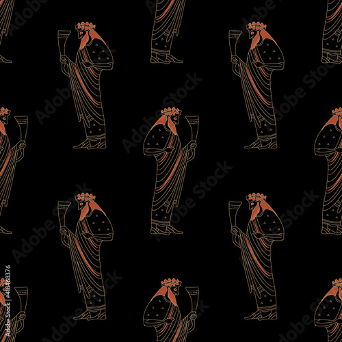Seamless ethnic pattern with ancient Greek god Dionysus or Bacchus holding rhyton of wine. Vase painting style. 