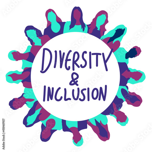 Diversity and inclusion concept illustration with people portraits surrounding the white circle.