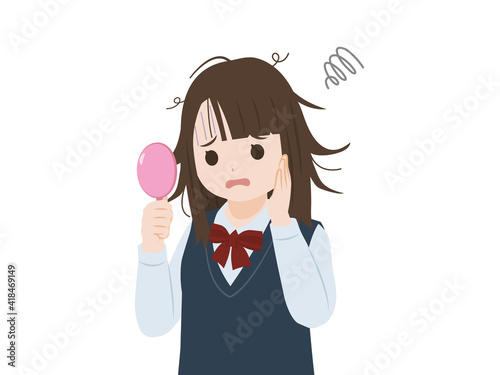 寝ぐせに悩む　学生　女子生徒　女の子　美少女　寝癖　上半身　イラスト素材