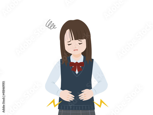 学生　女子生徒　女の子　美少女　腹痛　生理痛　痛い　上半身　イラスト素材