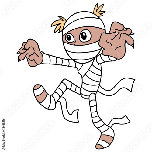 undead mummified walking scary with bandages all over the body, doodle icon image kawaii