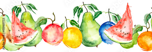 Fototapeta Naklejka Na Ścianę i Meble -  Watercolor painting, vintage seamless pattern - tropical fruits, citrus, slices of lemon, orange, mandarin, pear.apricot, peach, apple, plum, cherry plum. watermelon. Splash of paint yellow, red