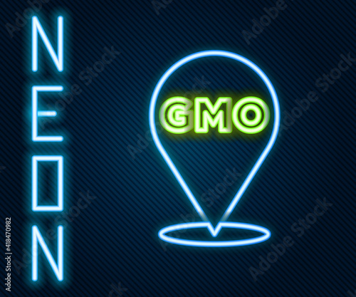 Glowing neon line GMO icon isolated on black background. Genetically modified organism acronym. Dna food modification. Colorful outline concept. Vector.