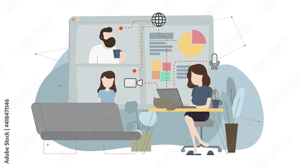 Lady working from home during the pandemic on a video conference call with her colleagues remotely. Lady working from home during the pandemic on a video conference call with her colleagues remotely.