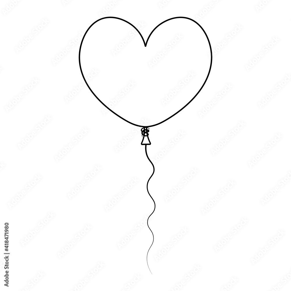 Balloon in the form of a heart. Sketch. Nice decoration for the holiday. Vector illustration. Coloring book for children. The rubber ball is tied with a thread. Outline on an isolated white background